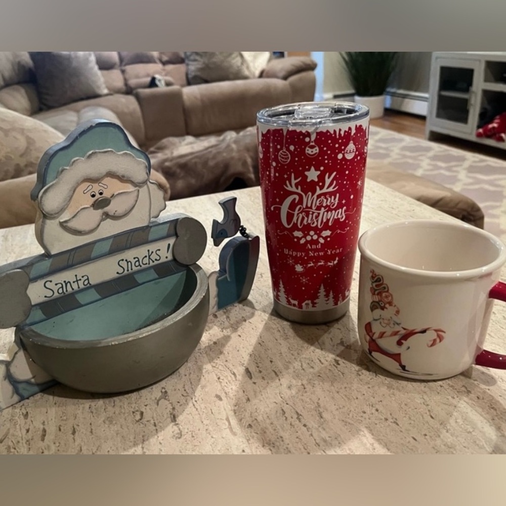 Santa Snack Bowl and Christmas Mugs Set
